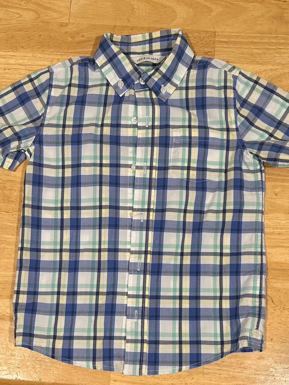 Janie and Jack Blue, Green & White Plaid Short Sleeve Button-Down Shirt
